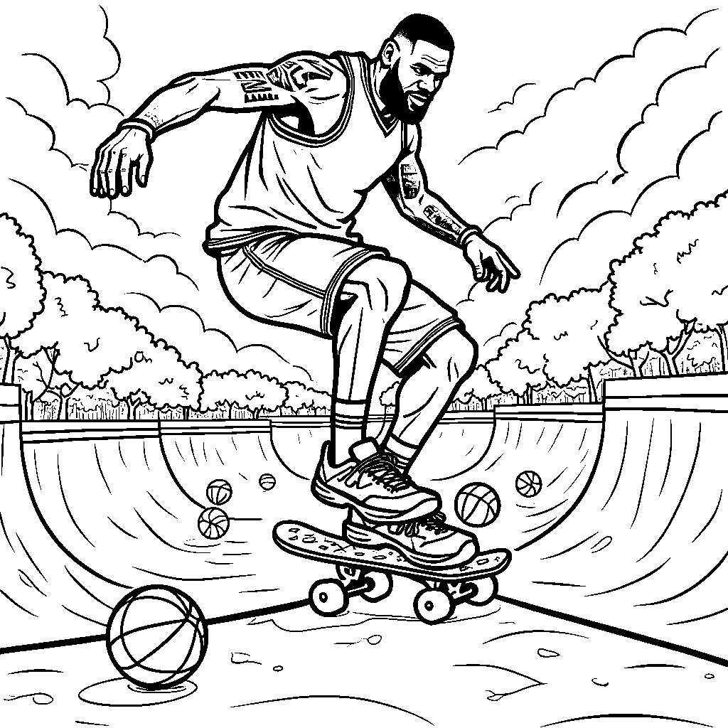 LeBron on a giant skateboard, performing tricks with basketballs