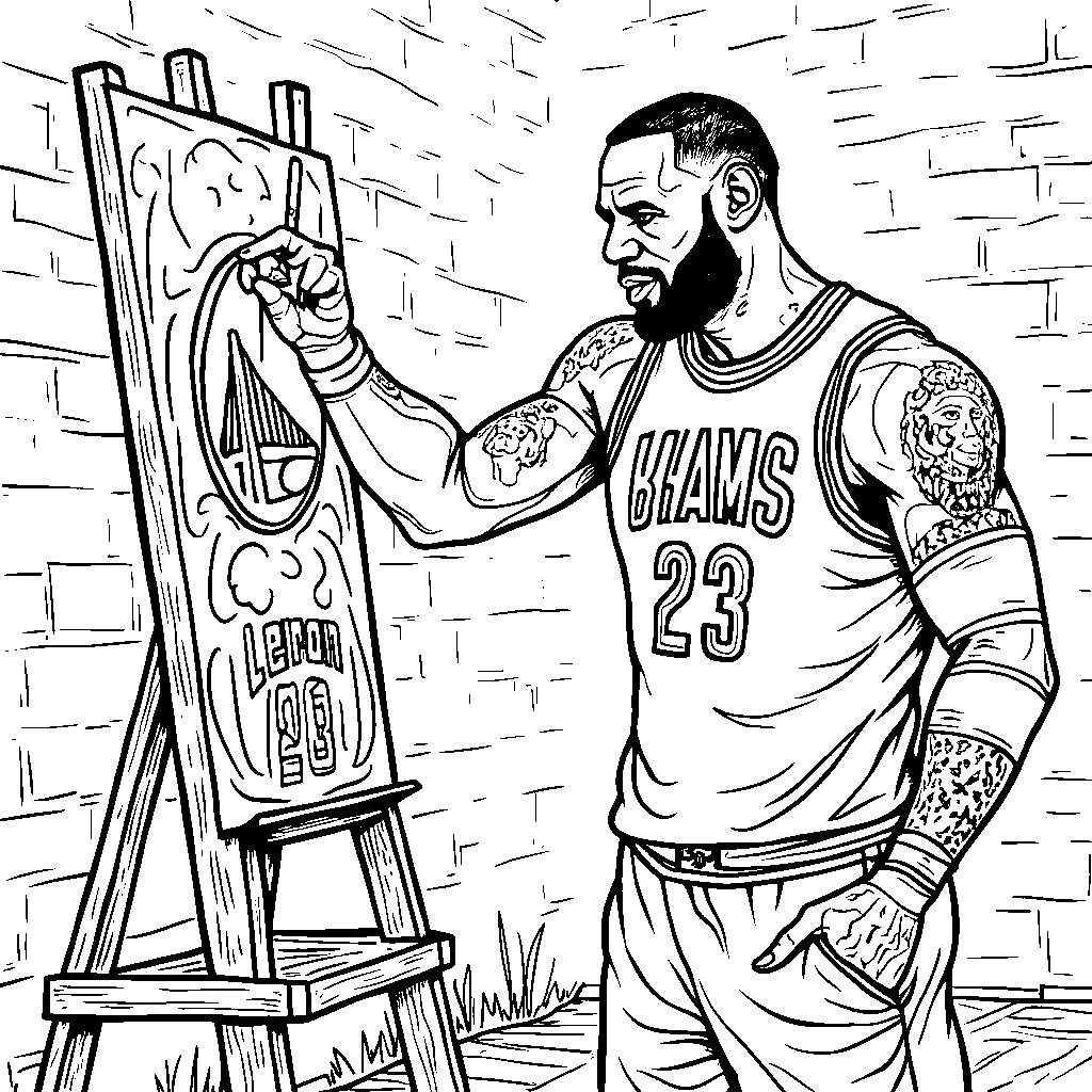 LeBron painting a mural of himself on a school wall