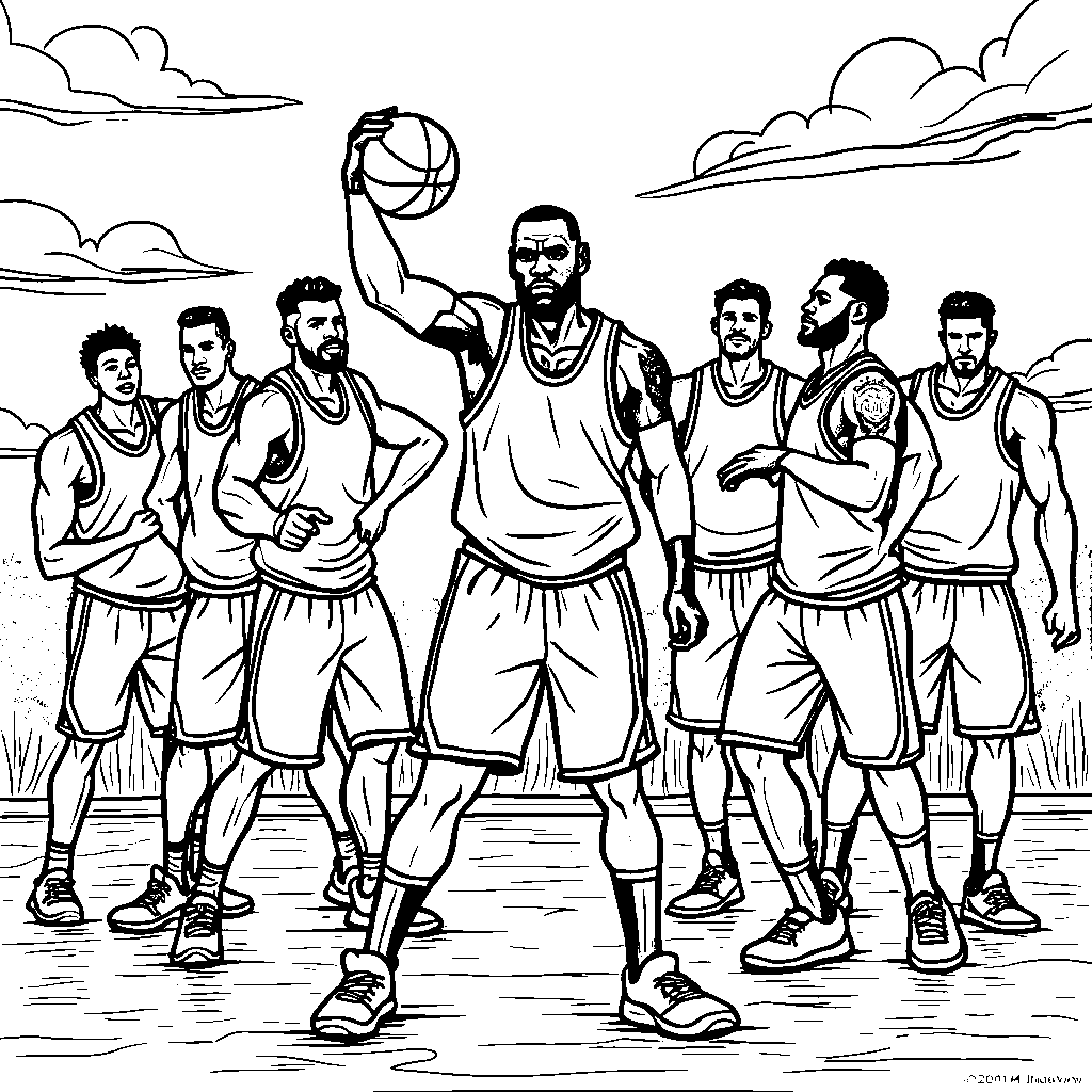 LeBron performing a choreographed dance with his teammates