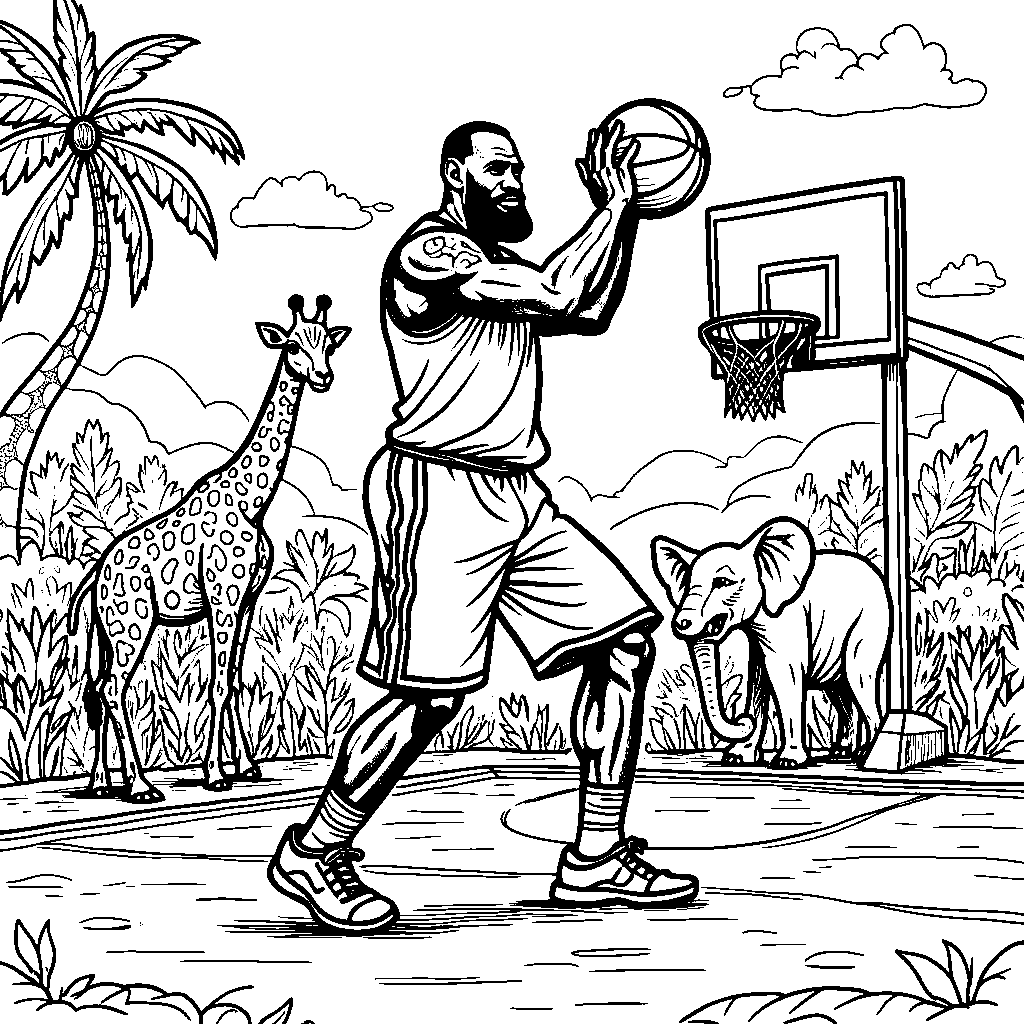 LeBron playing basketball with animals from the zoo