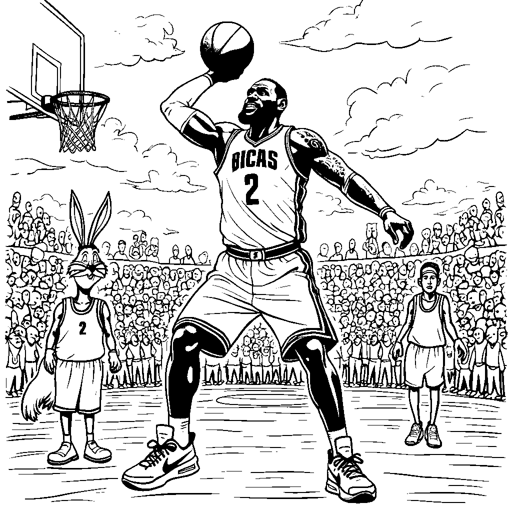 LeBron playing basketball with famous cartoon characters