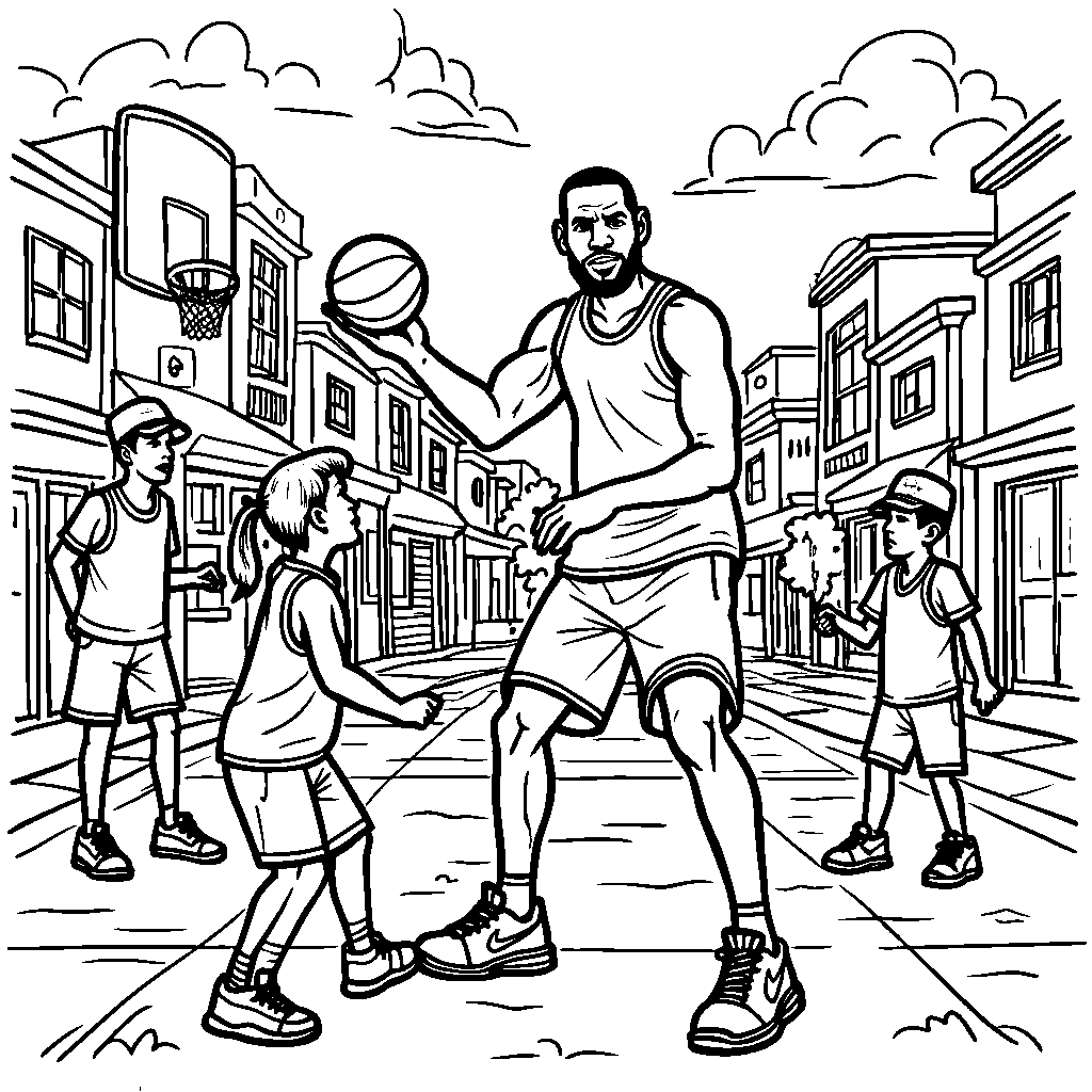 LeBron playing street basketball with kids in a neighborhood setting