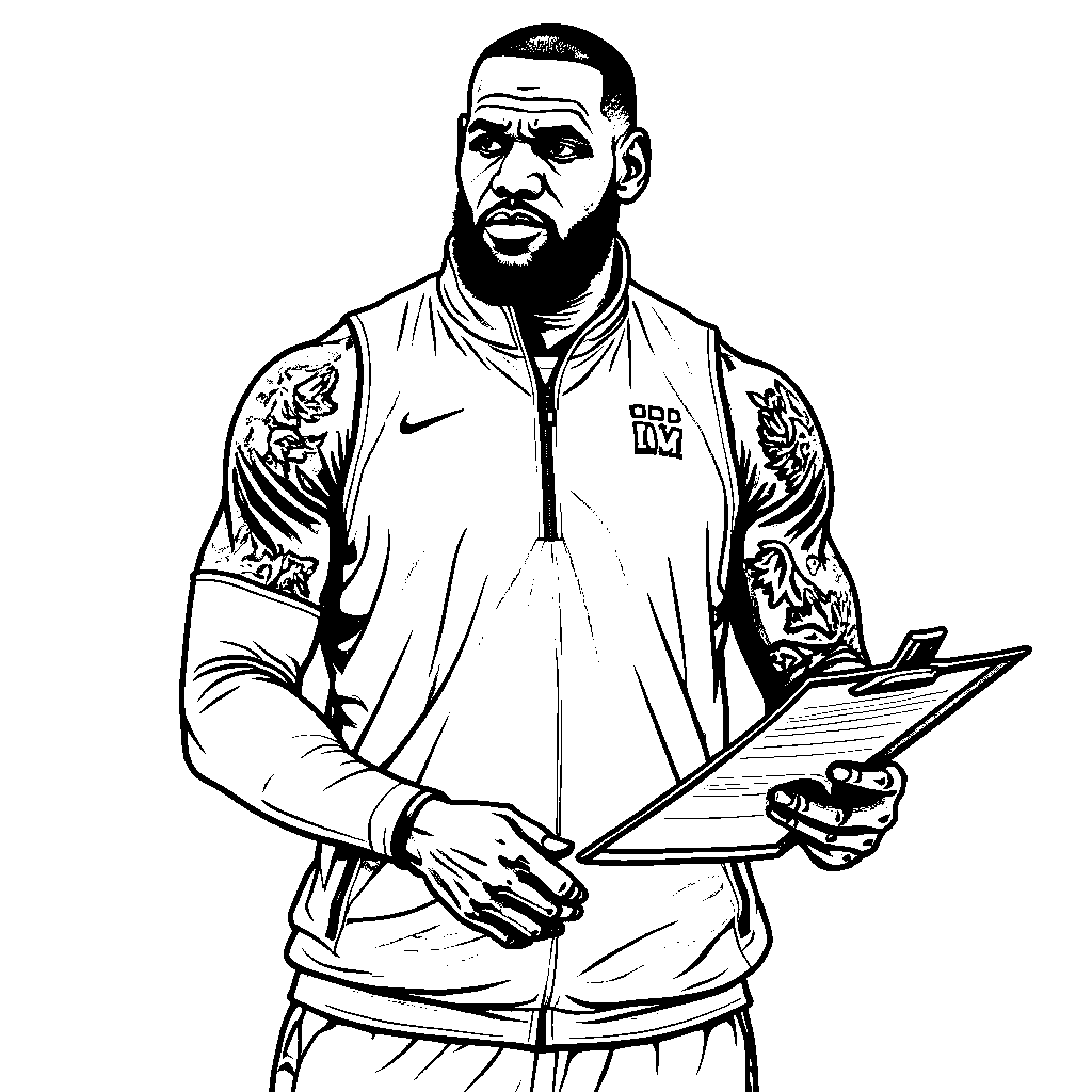 LeBron posing as a coach, holding a clipboard