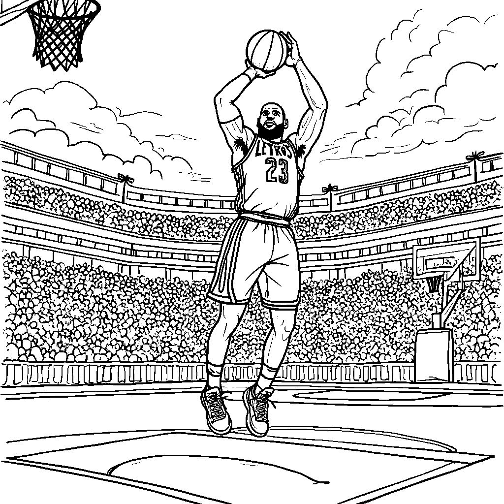 LeBron shooting a three-pointer with a detailed basketball court in the background