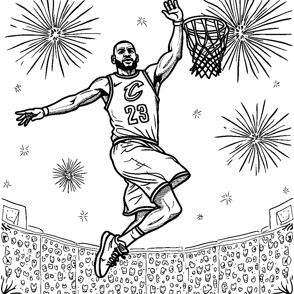 LeBron slam-dunking with fireworks in the background