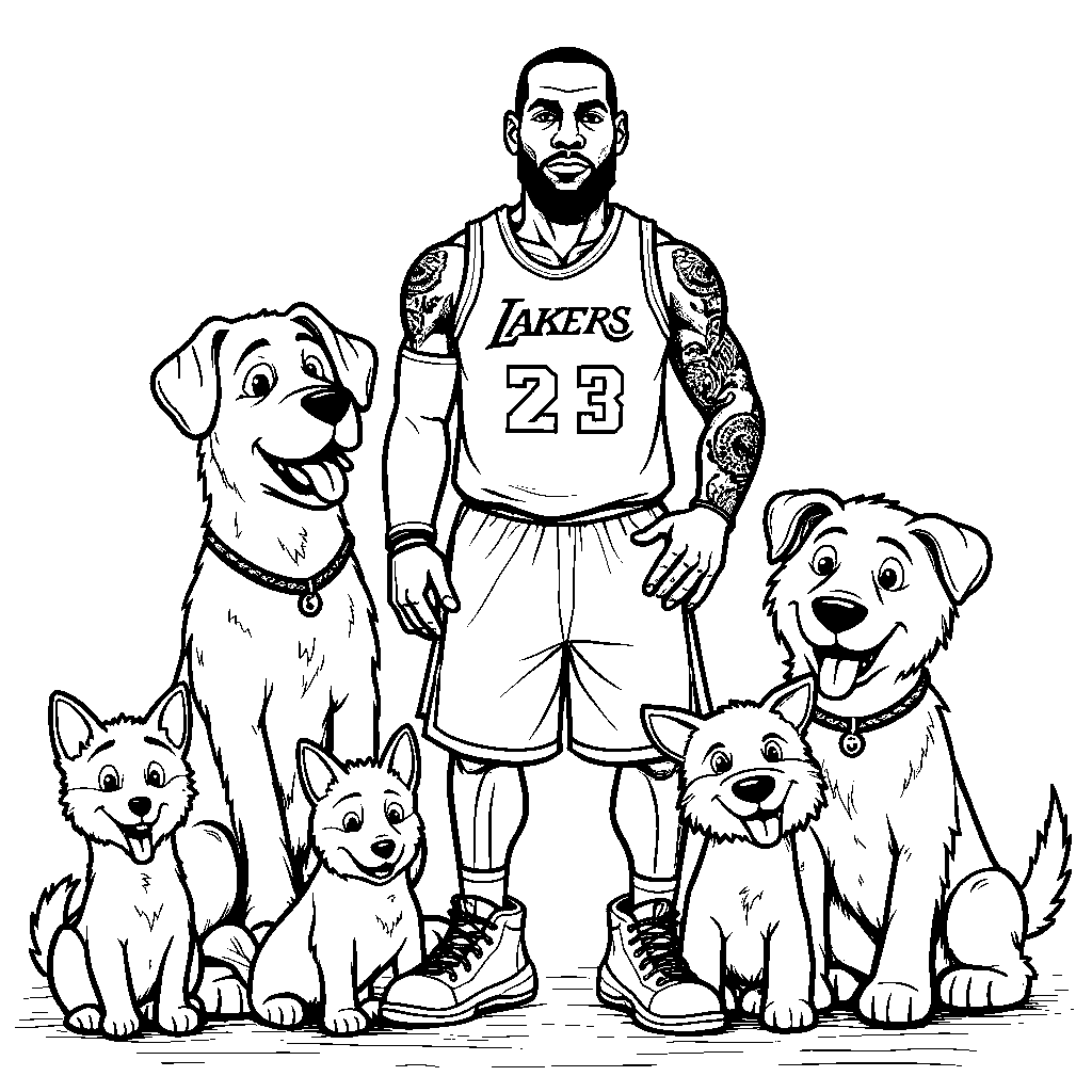 LeBron with his pets, all wearing basketball jerseys