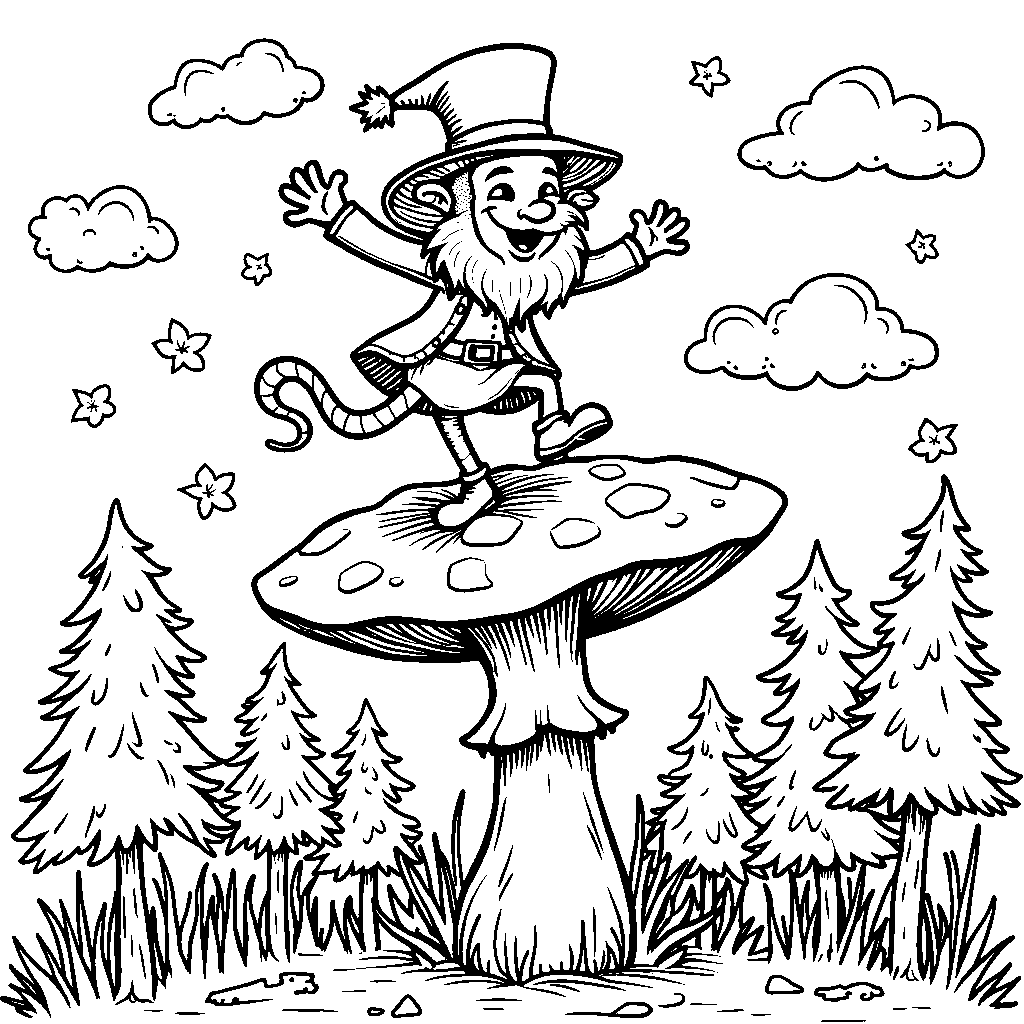 A leprechaun dancing on top of a mushroom