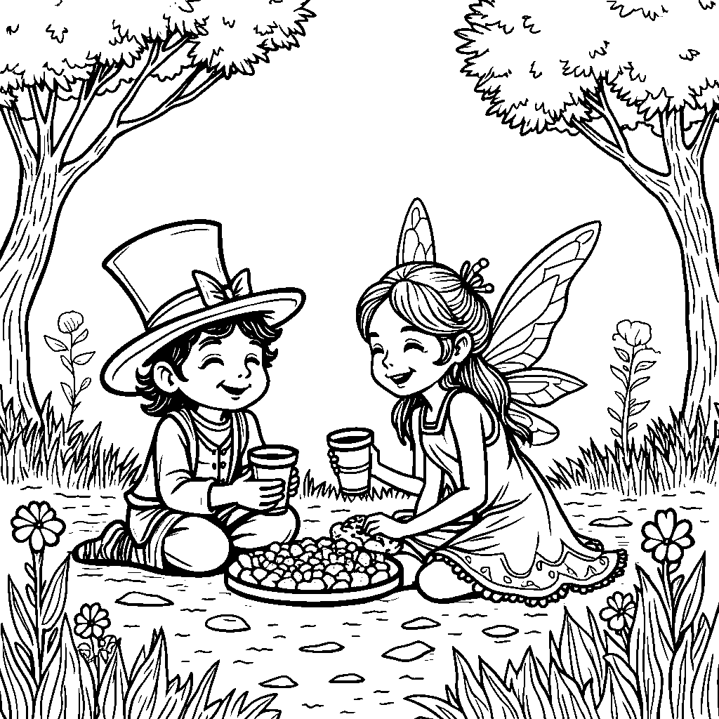 A leprechaun having a picnic with a fairy in a meadow