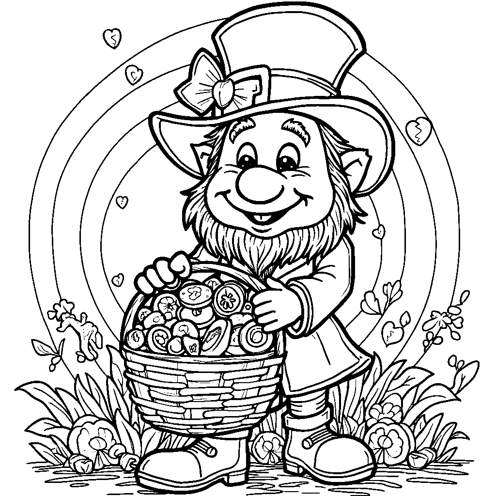 A leprechaun holding a basket full of lucky charms