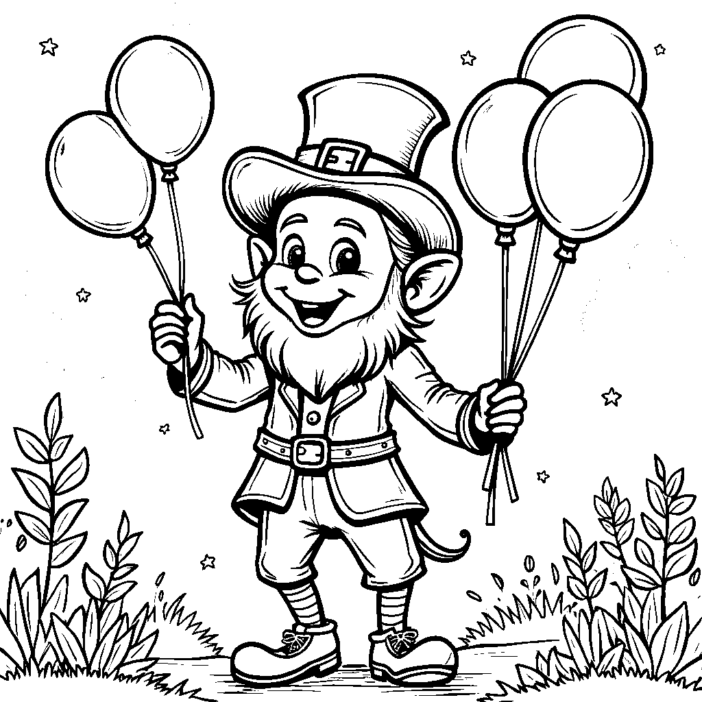 A leprechaun holding a bouquet of colorful balloons