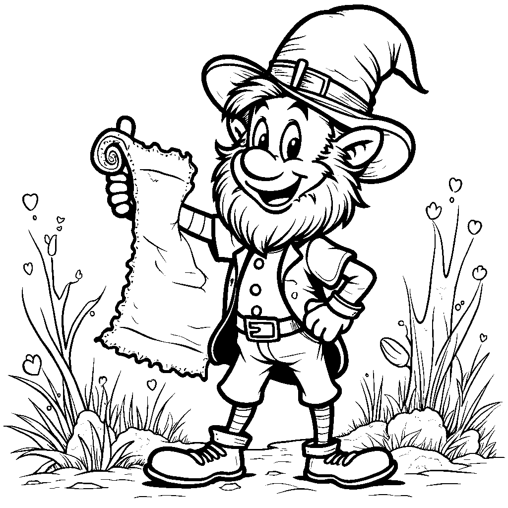 A leprechaun holding a map, searching for treasure