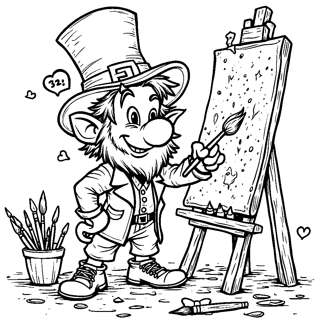 A leprechaun holding a paintbrush, painting a masterpiece