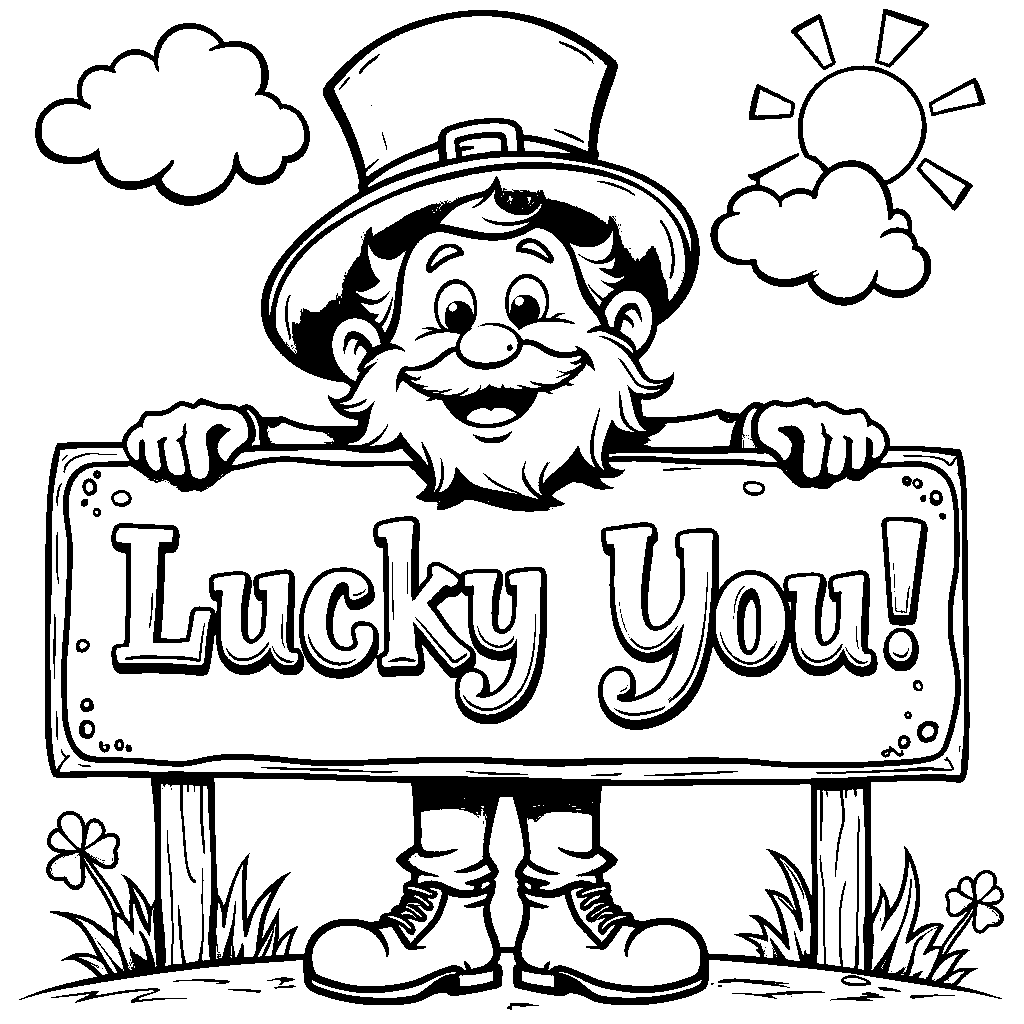 A leprechaun holding a sign that says 'Lucky You!'