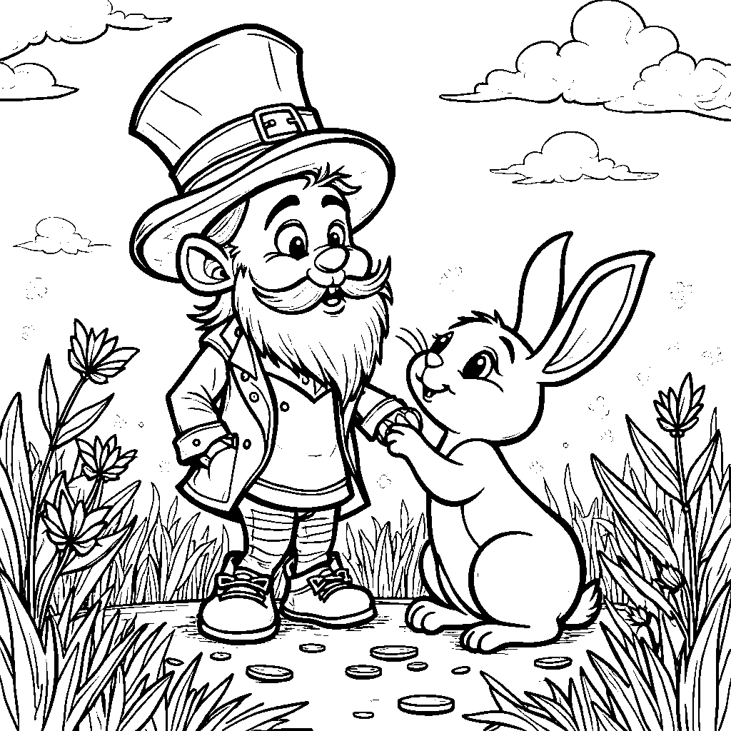 A leprechaun making friends with a rabbit in a green meadow