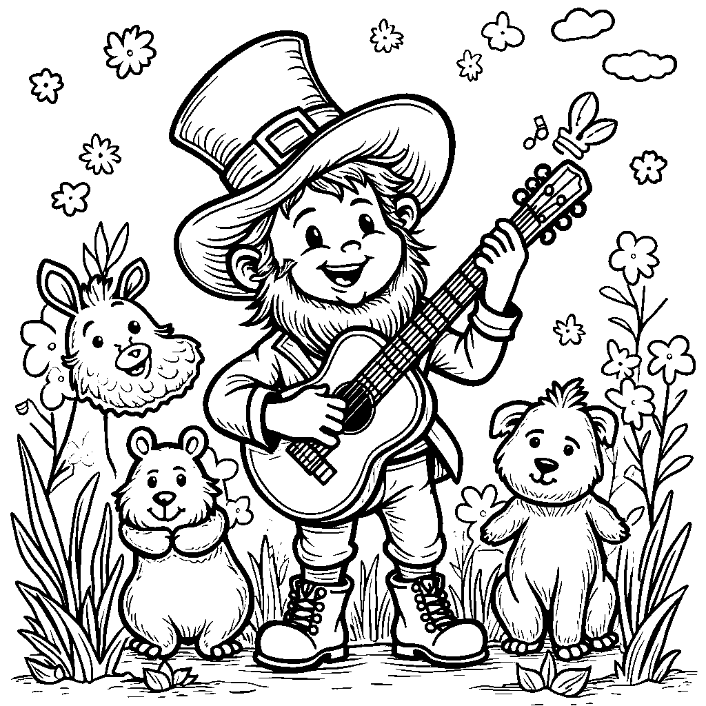 A leprechaun making music with a group of musical instruments