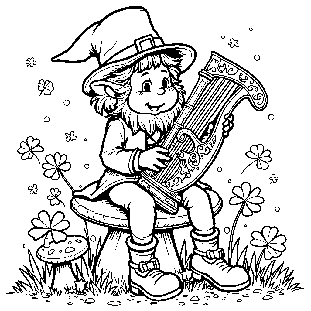 A leprechaun playing a tiny harp