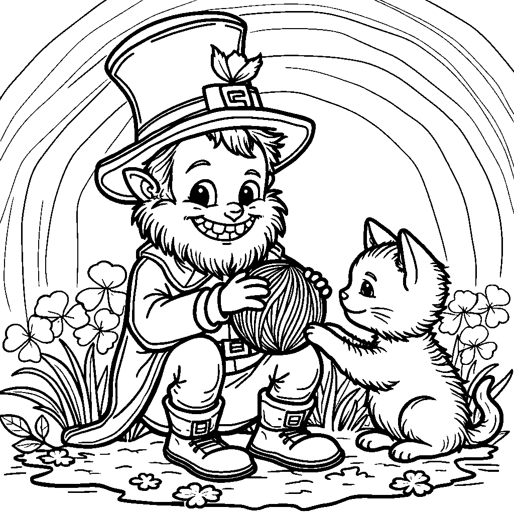 A leprechaun playing with a ball of yarn and a kitten