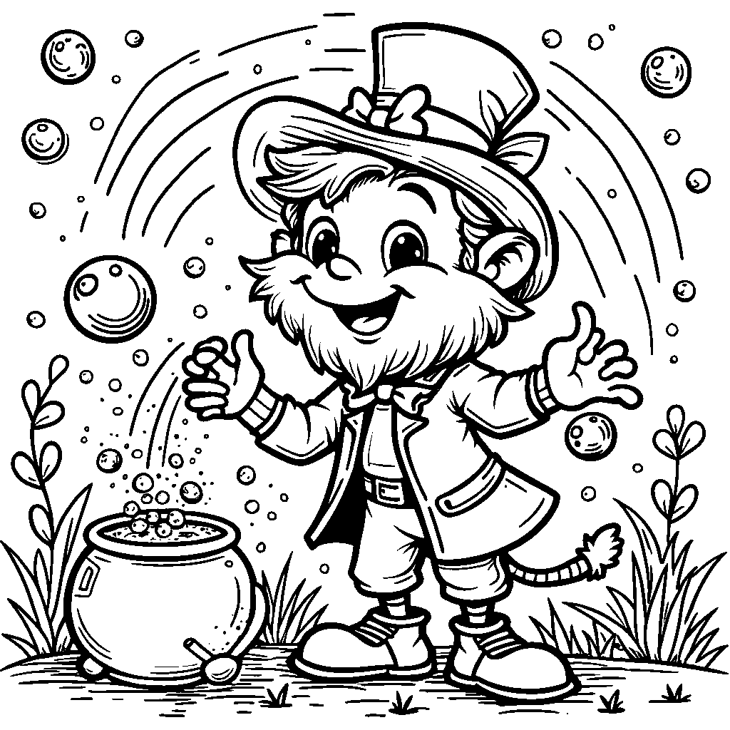 A leprechaun playing with a bubble machine, making rainbow bubbles