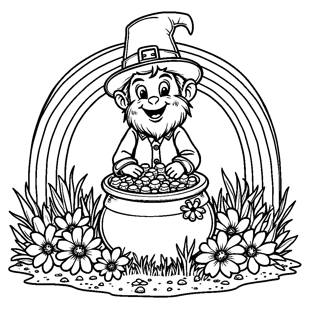 A leprechaun sitting on a pot of gold at the end of a rainbow