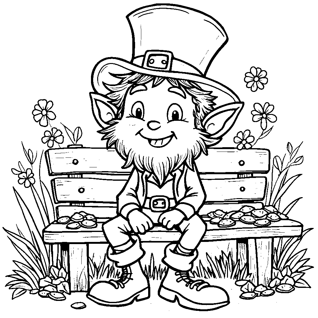 A leprechaun sitting on a rainbow-colored bench, taking a break