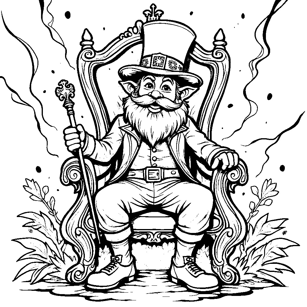 A leprechaun sitting on a throne, wearing a crown