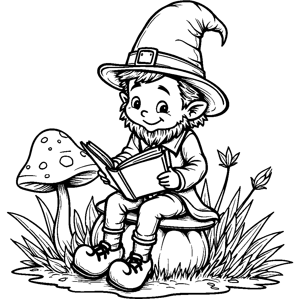 A leprechaun sitting on a toadstool, reading a book