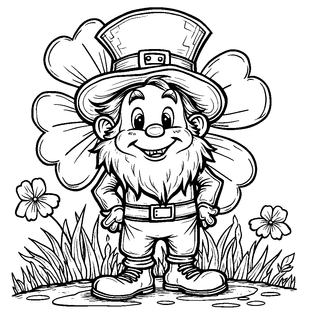 A leprechaun standing in front of a giant four-leaf clover