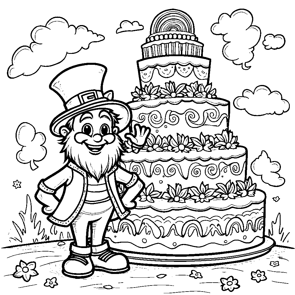 A leprechaun standing in front of a giant rainbow-colored cake