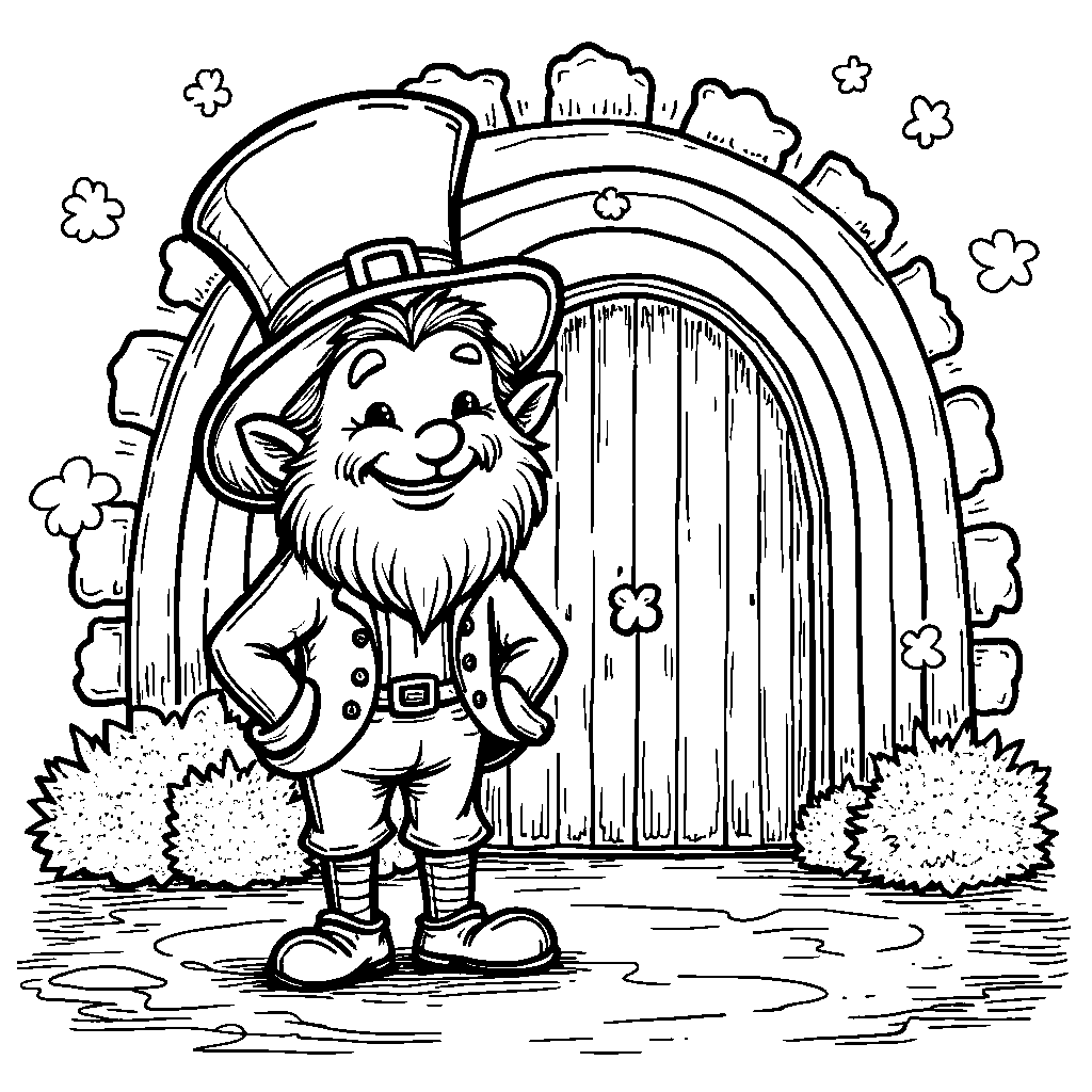 A leprechaun standing in front of a giant rainbow-colored door