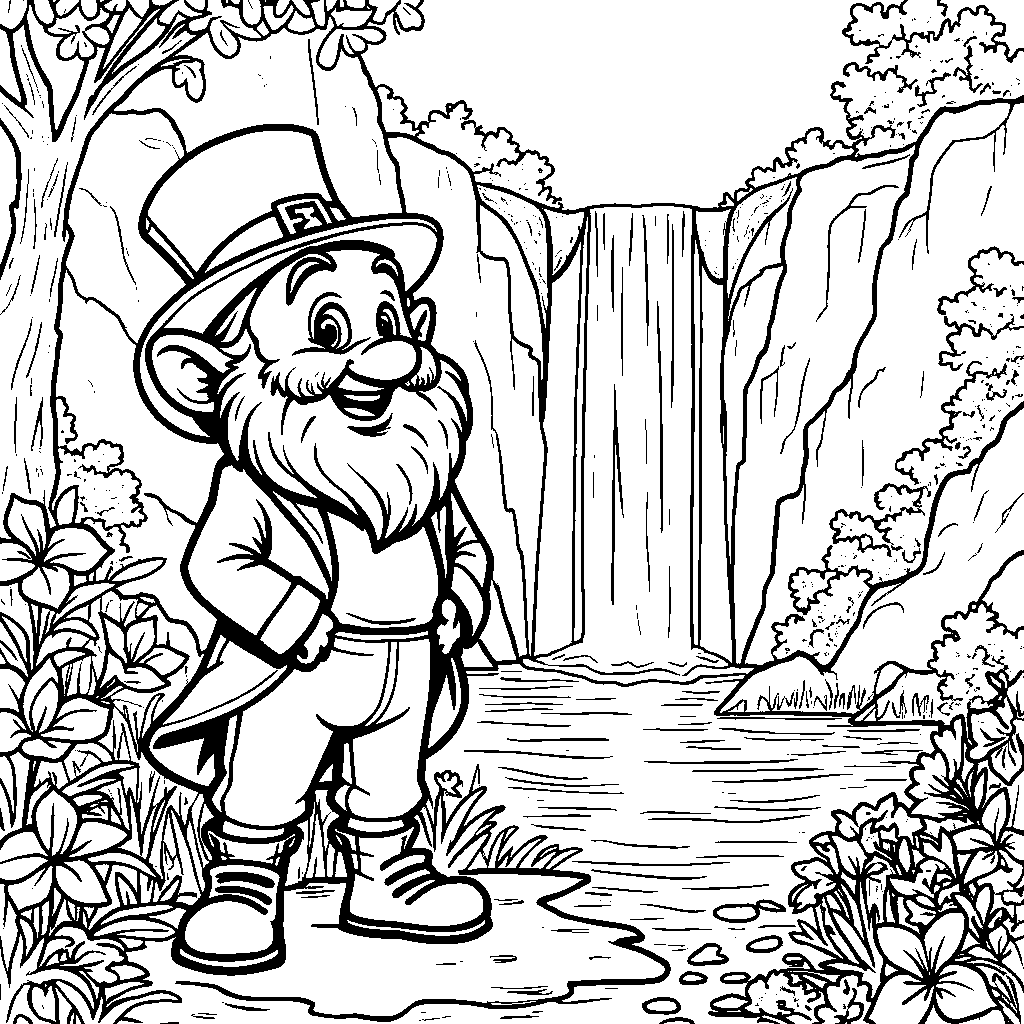 A leprechaun standing in front of a sparkling waterfall