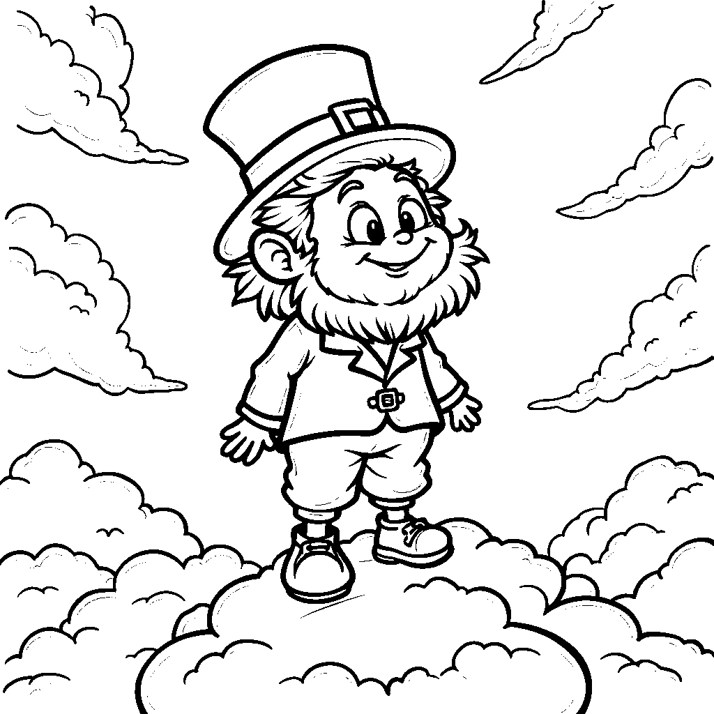 A leprechaun standing on a cloud, looking out at the sky