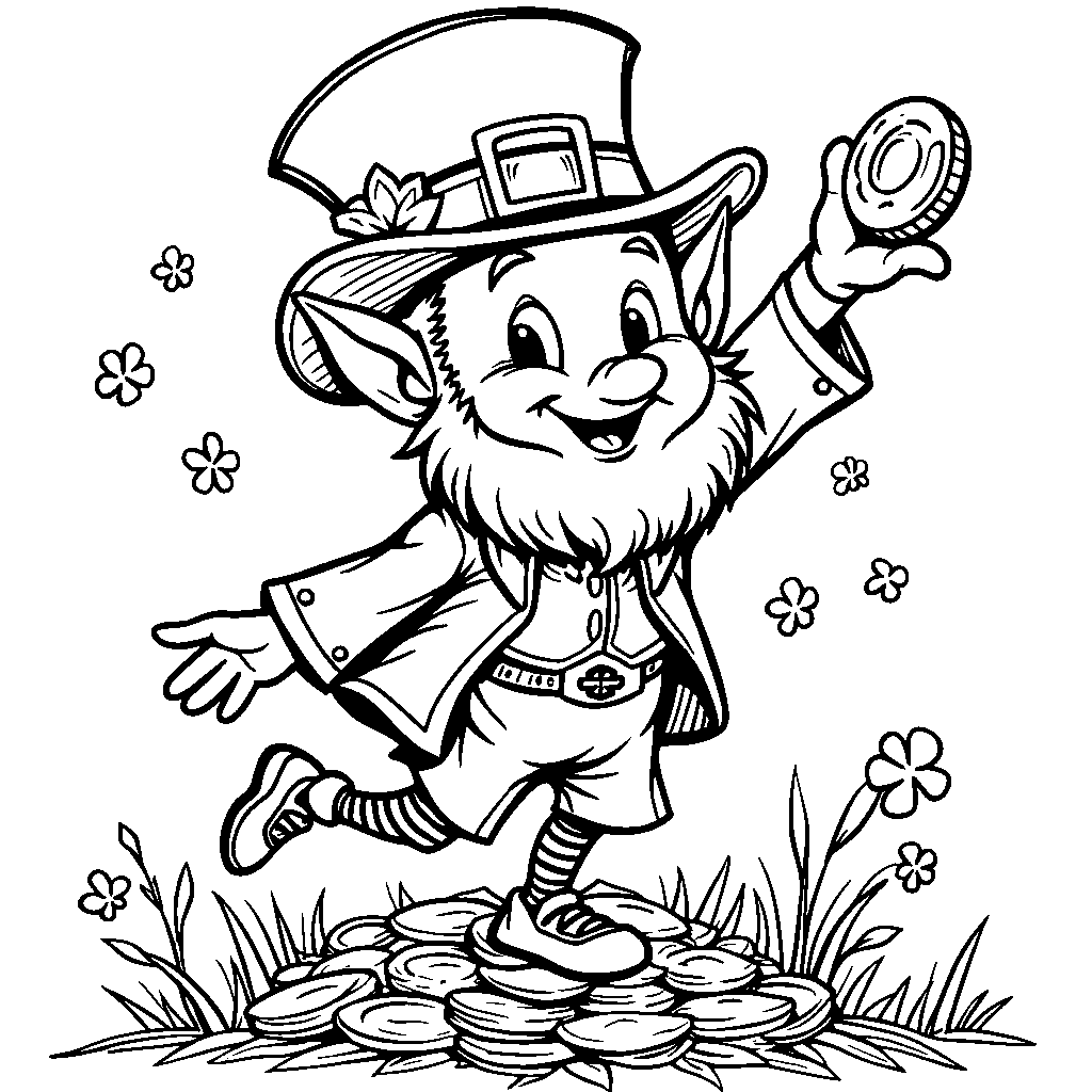 A leprechaun standing on one leg, balancing a coin on its head