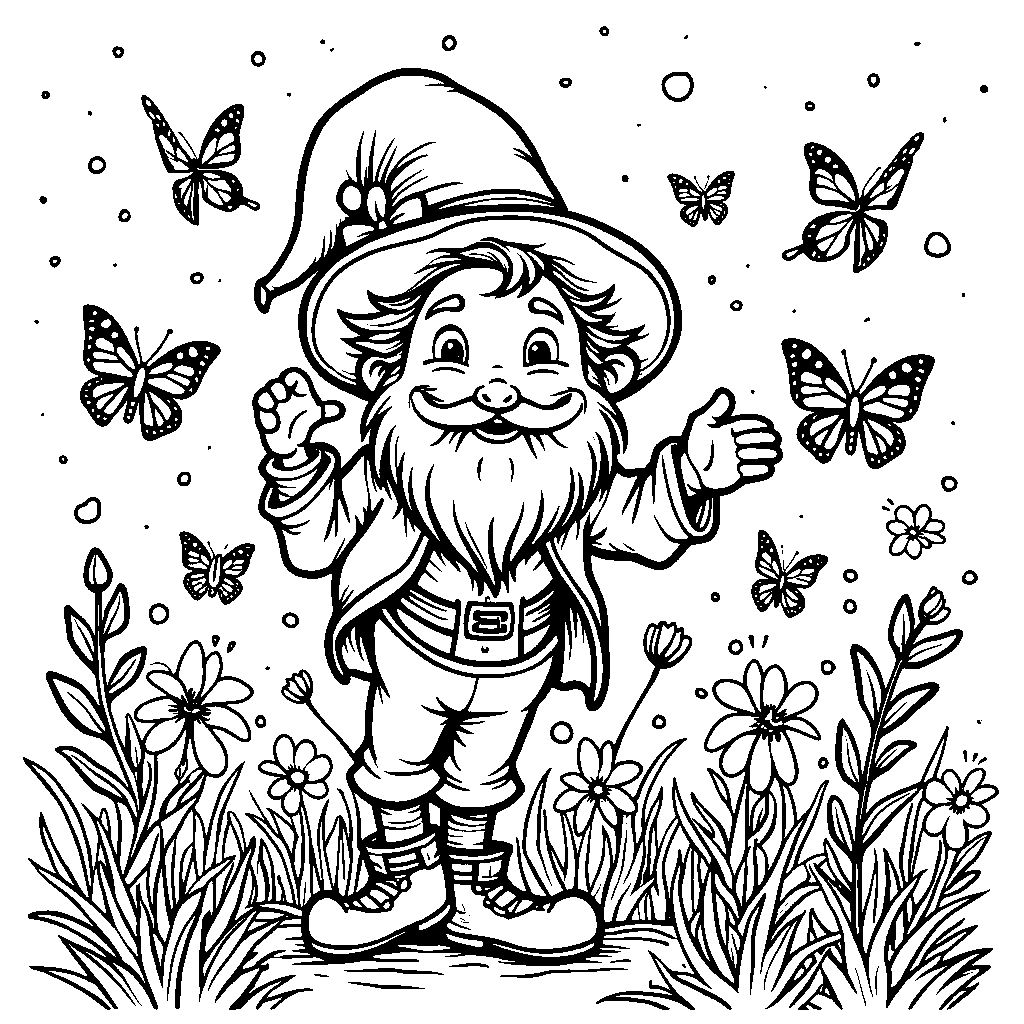 A leprechaun surrounded by a swarm of colorful butterflies