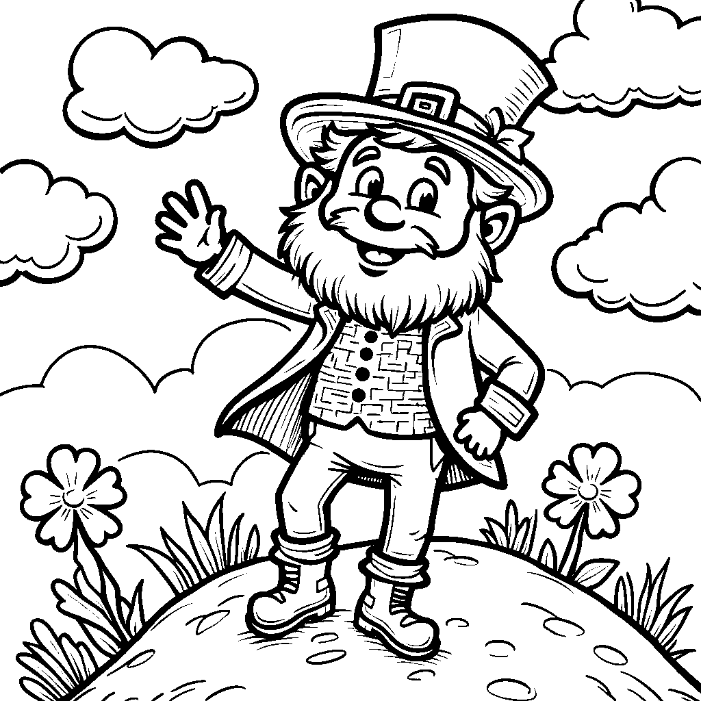 A leprechaun waving goodbye from the top of a hill