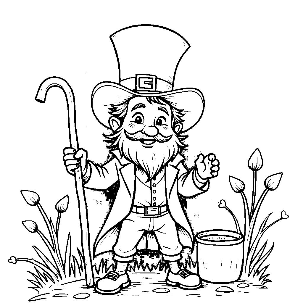 A leprechaun wearing a top hat and holding a cane