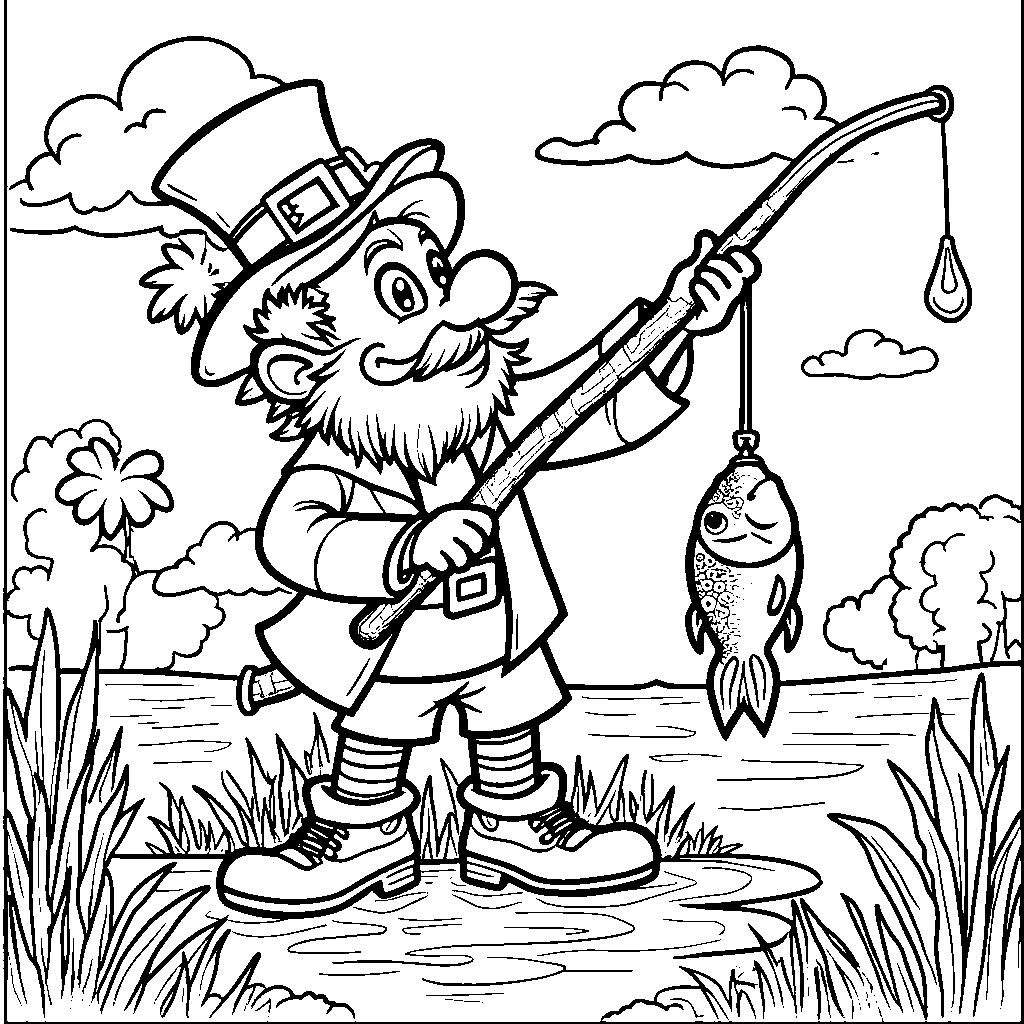 A leprechaun holding a fishing rod with a rainbow-colored fish