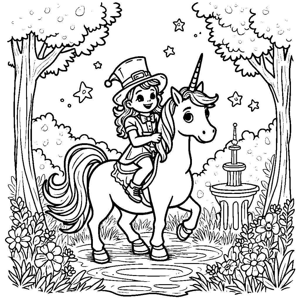 A leprechaun riding a unicorn through a magical forest