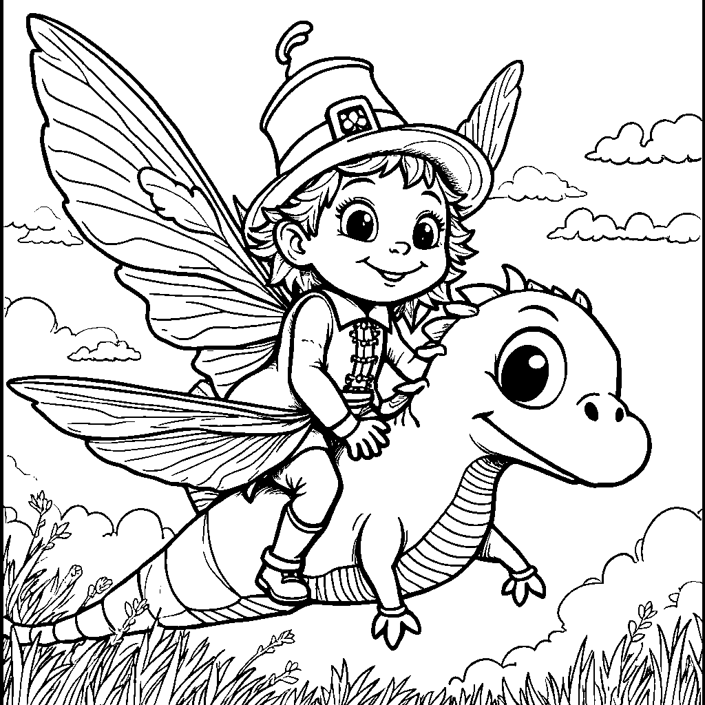 A leprechaun riding a dragonfly through the air