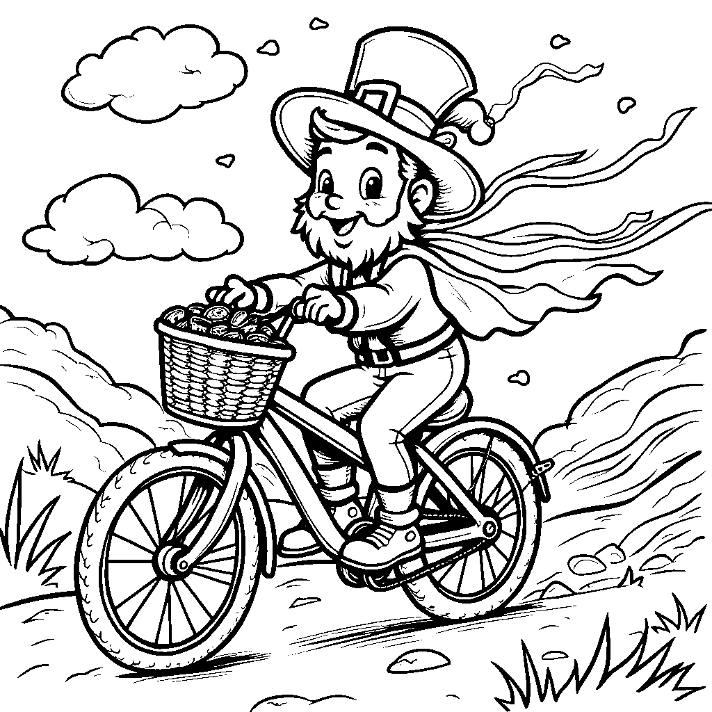 A leprechaun riding a rainbow-colored bicycle