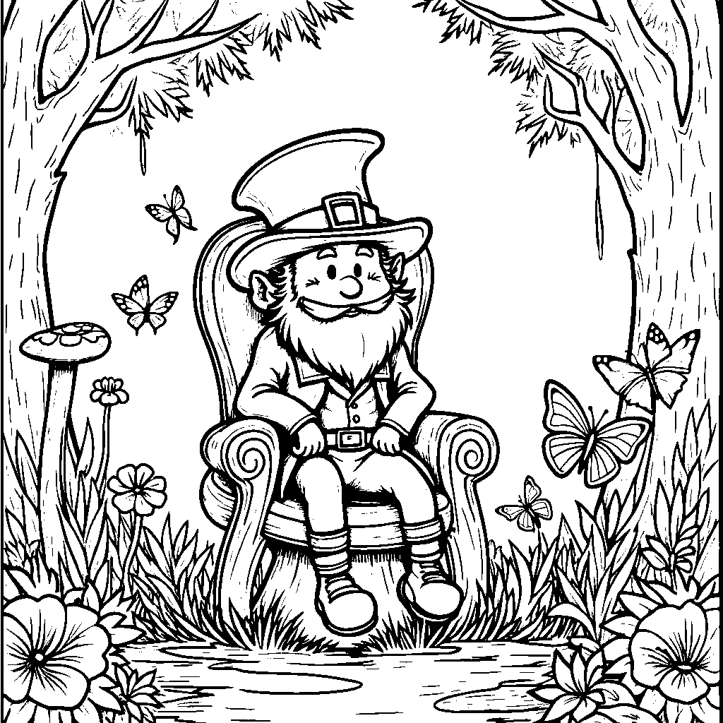 A leprechaun surrounded by butterflies and flowers