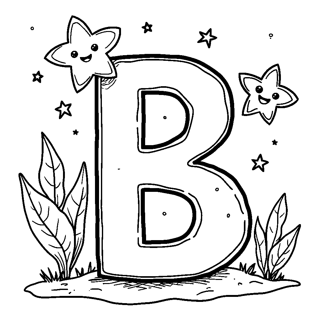 A big, bubbly letter B with a smiley face and stars around it