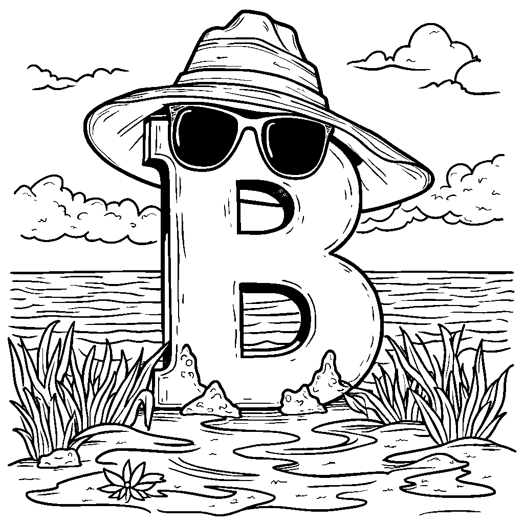 A funky letter B wearing sunglasses and a sun hat on a beach