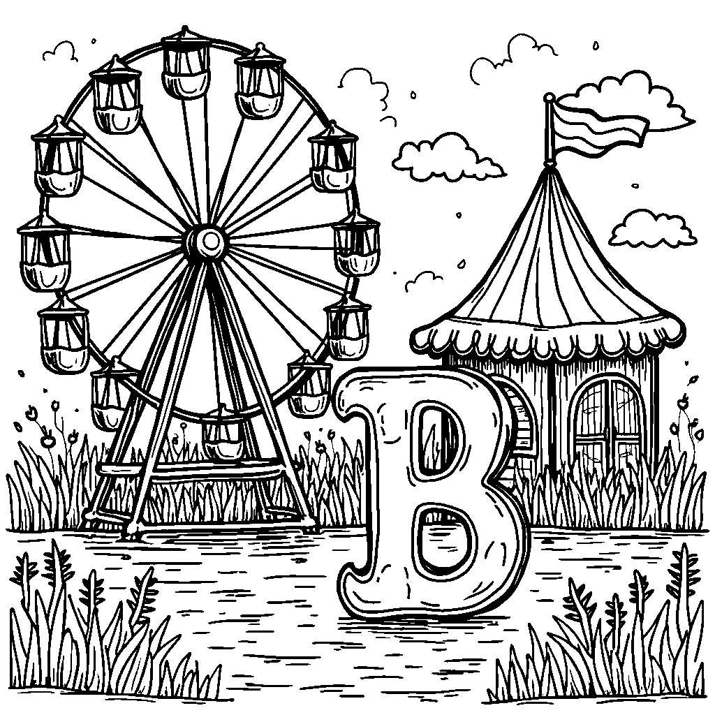 A letter B amid a fun carnival scene with Ferris wheels and games