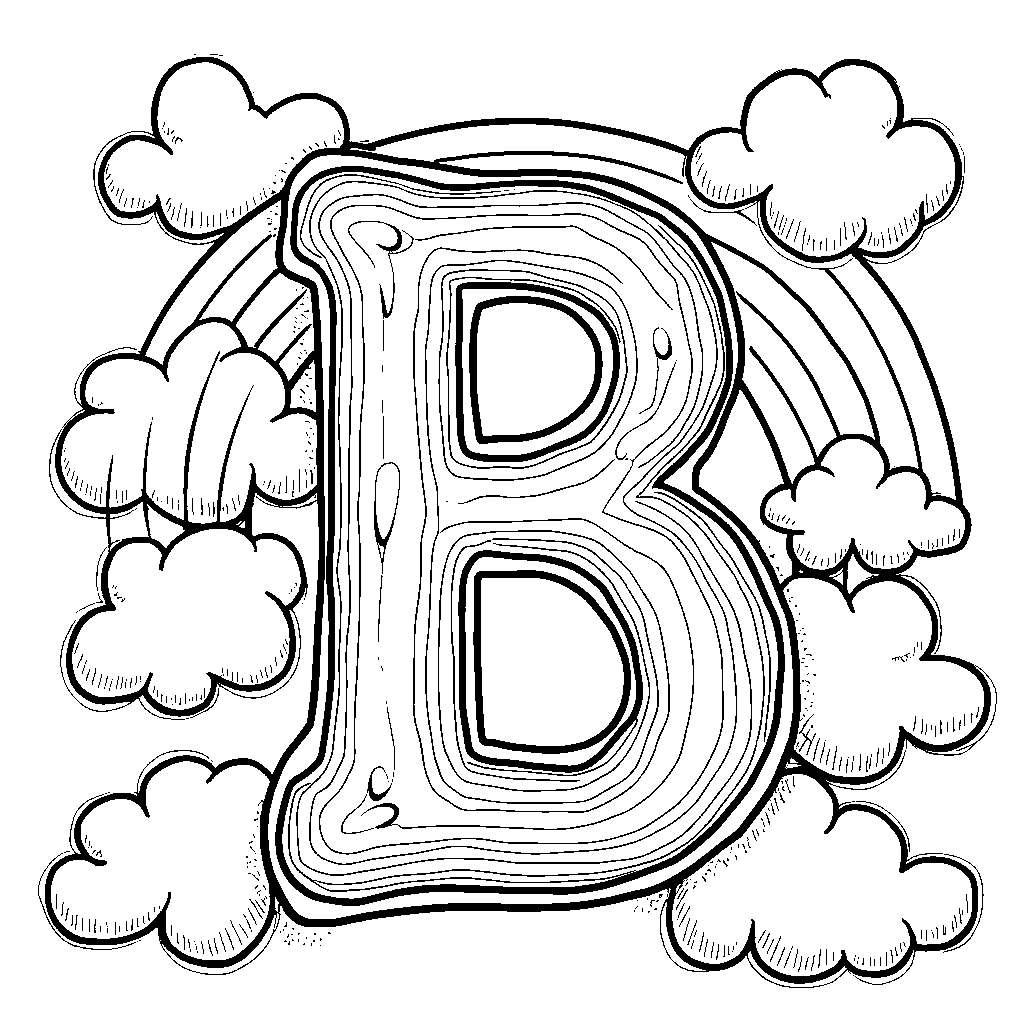 A letter B combined with a rainbow and whimsical clouds