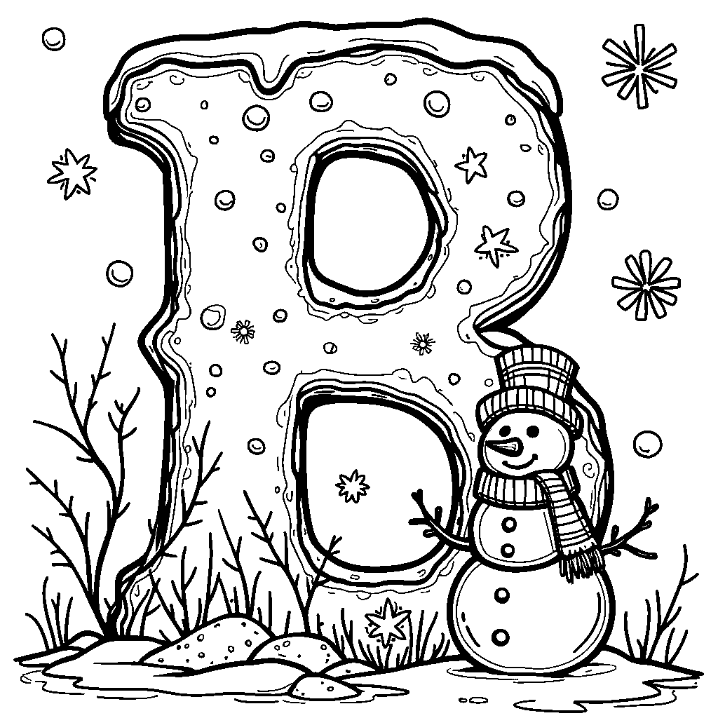 A letter B designed with a winter theme, complete with snowflakes and a snowman.