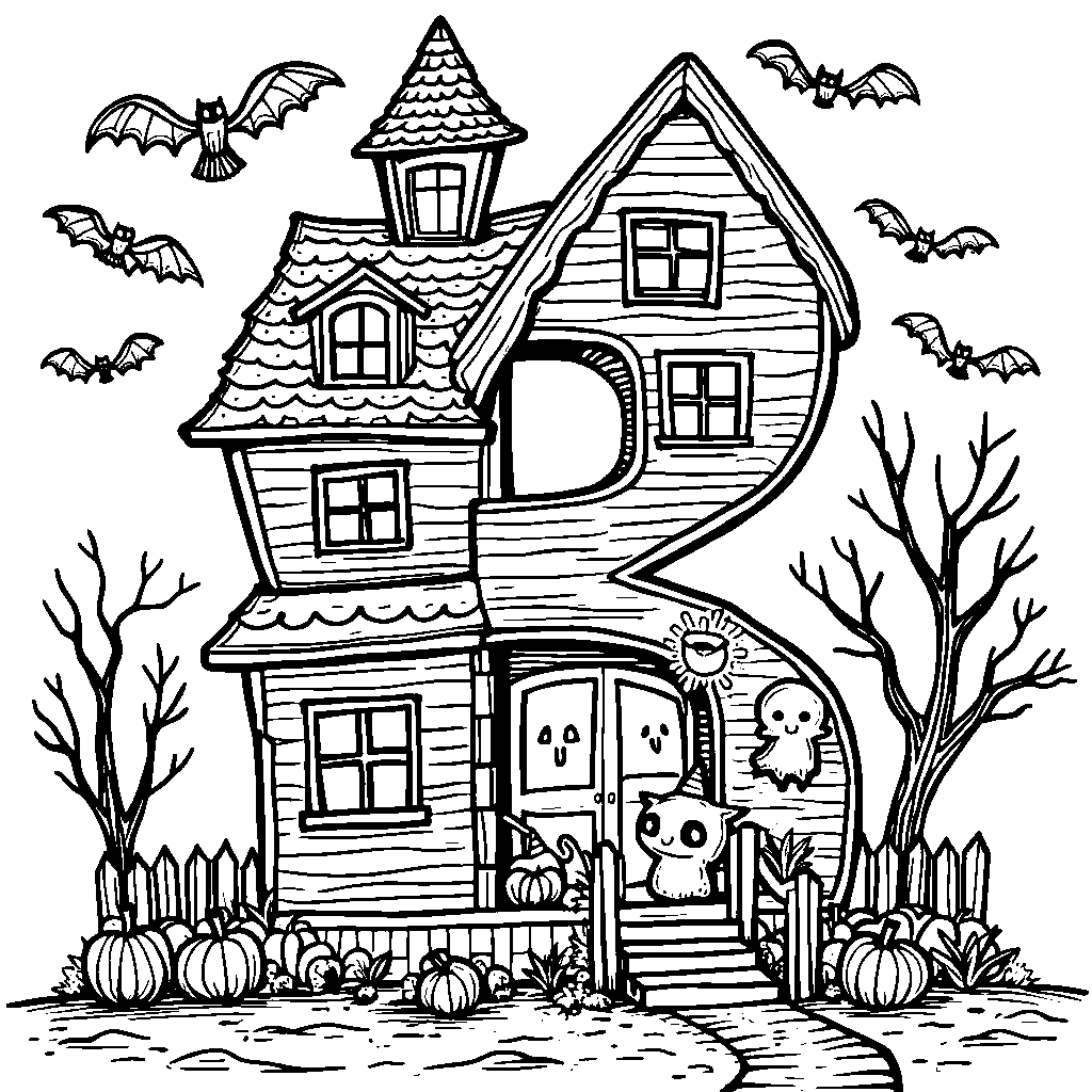 A letter B featuring a spooky haunted house for Halloween fun.