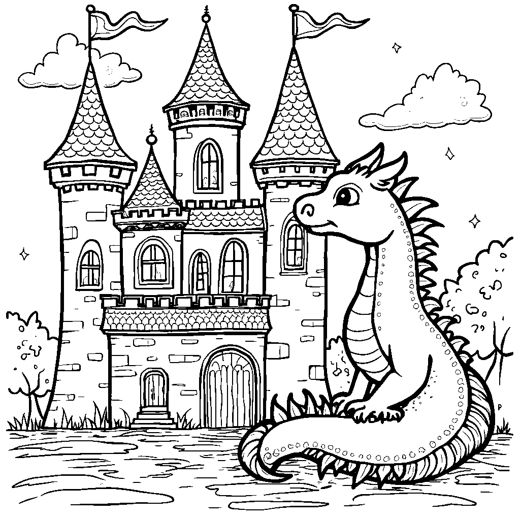 A letter B sitting in a beautiful castle with a dragon nearby