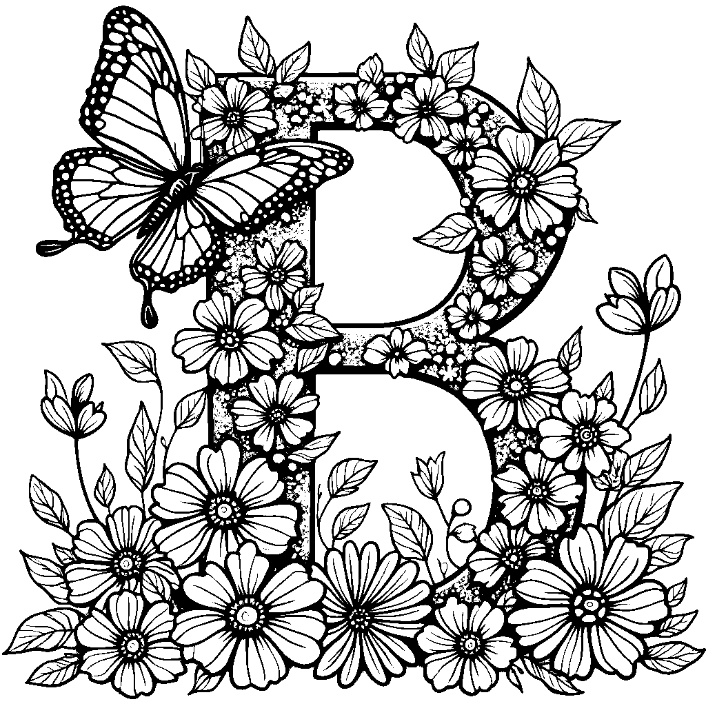 A letter B surrounded by butterflies and flowers in a garden