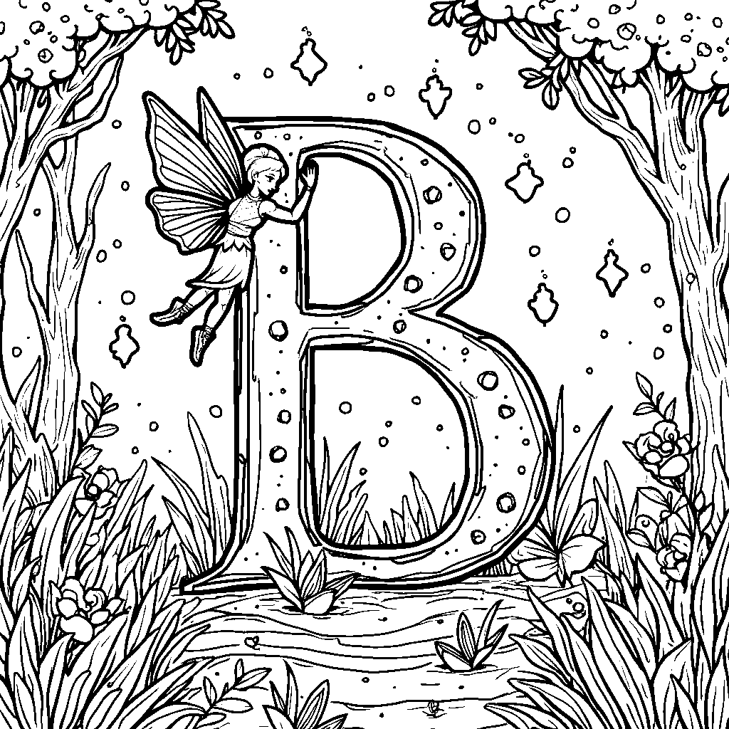 A letter B surrounded by magical fairies and sparkling dust.