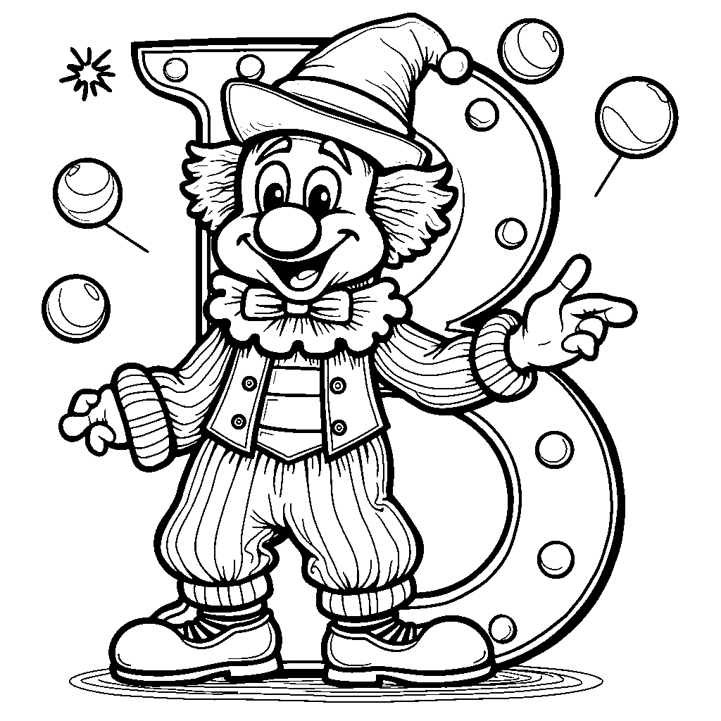 A letter B with a circus theme, featuring a clown and juggling balls.